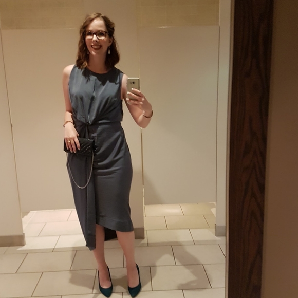 Asymmetrical, teal dress with waist cinching. - Picture 6 of 7